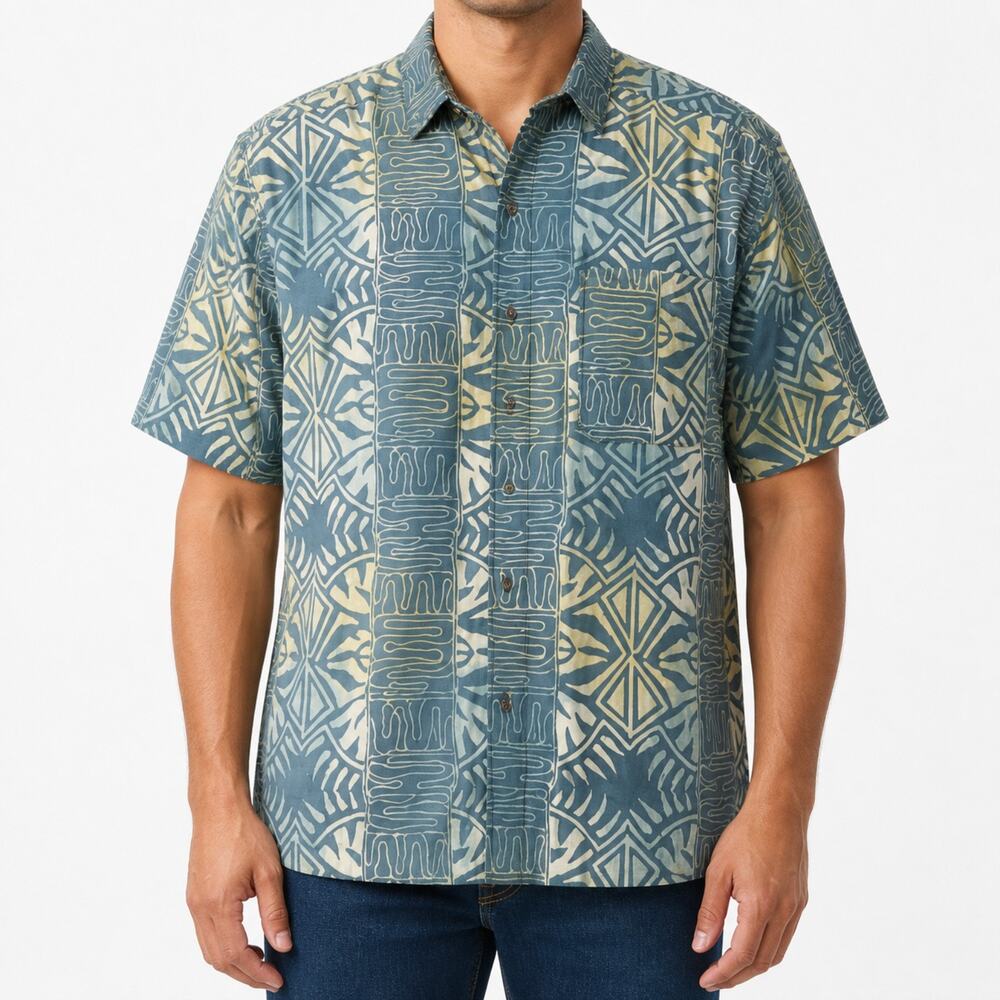 Johari West Shirt Mens XL Batik Short Sleeve Button Up Geometric Pocket